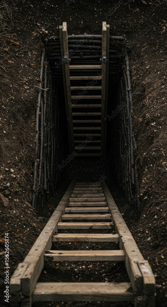 Obraz premium minimalist and emotional trench ladder from top view, styled with clean and modern visuals, no text, soft lighting, unusual camera angles, for historical content or wartime advertising