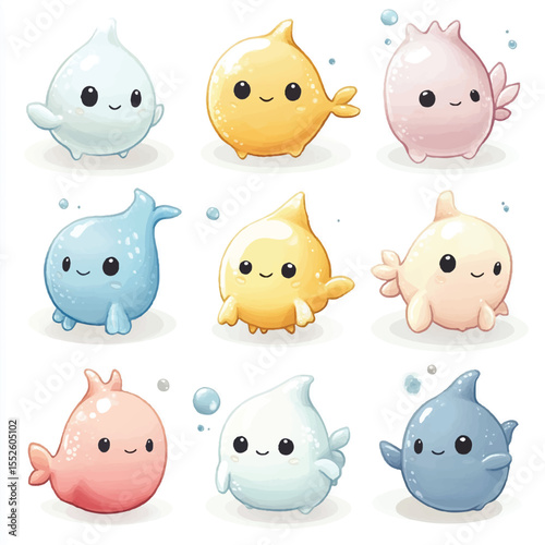 cute sea creatures in soft color set for stiker