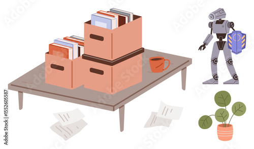 Robot holding shield near table stacked with boxes full of books, a coffee mug, scattered papers, and a plant. Ideal for automation, robotics, technology, organization, workspace defense