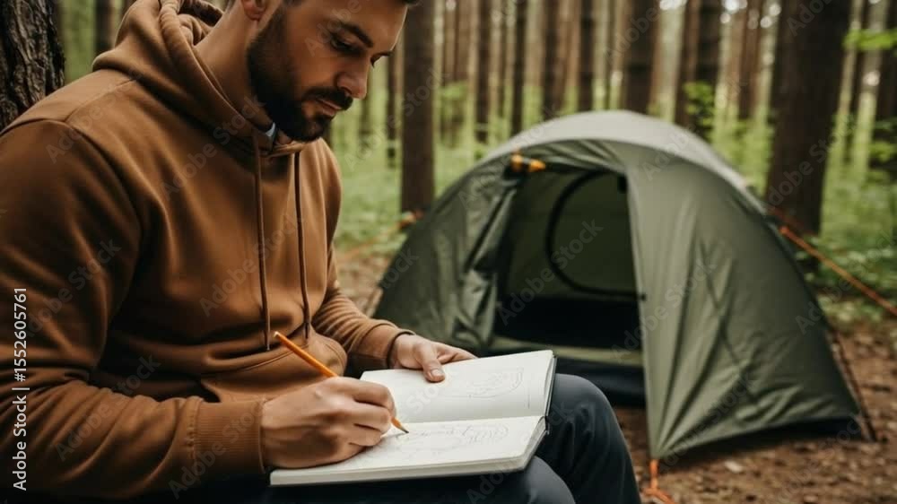 Journaling at Forest Edge with Tent in Background