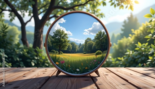 the image depicts a serene outdoor scene, there is a round mirror positioned at the center of the position