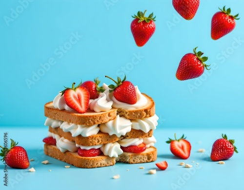 this is a digitally created graphic with a playful and appetizing theme, it features a close up photograph of a sandwich with strawberries and whipped cream