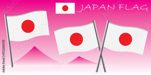 Vector illustration of waving Japan flags with red sun symbol on gradient background. Japanese national flag concept for patriotic or travel themes

