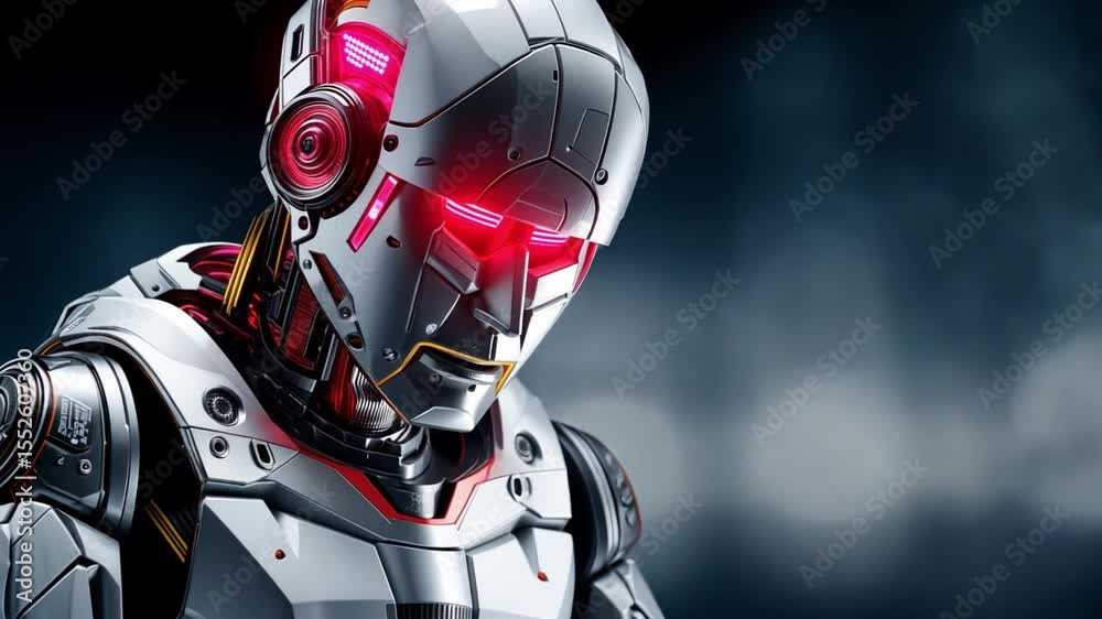 Cybernetic Sentience: A striking close-up reveals a humanoid robot, its metallic visage gleaming, and fiery red eyes expressing a powerful artificial intelligence.
