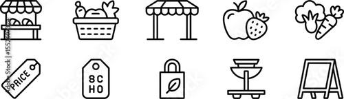 Set of Market and Shop Icons Including Price Tags, Shopping Carts, and Fresh Produce