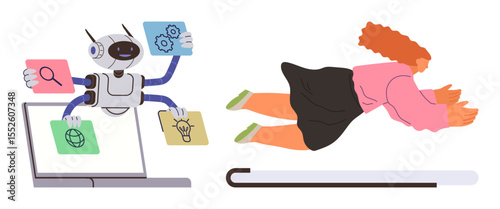 Robot presenting icons for search, tools, globe, and ideas as a woman dives into a laptop. Ideal for AI, automation, tech innovation, virtual learning, digital tools creativity futuristic concepts