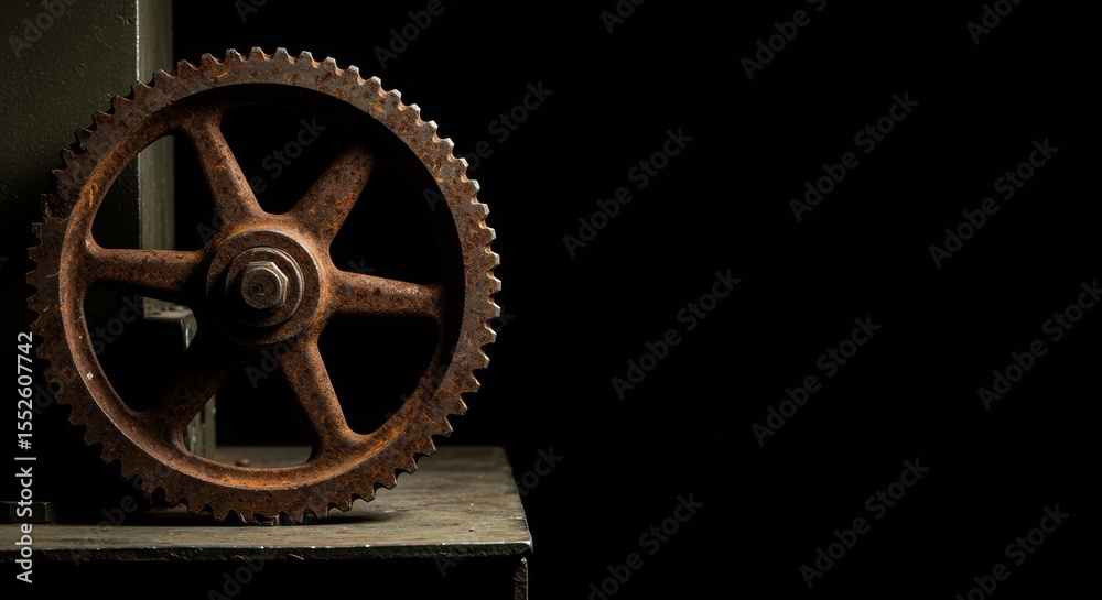 Obraz premium Minimalist and emotional photo of rusted gears on a metal plate, styled with clean and modern visuals, no text, soft lighting, unusual camera angles, for historical content or wartime advertising