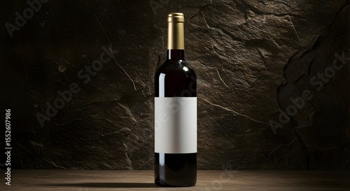 Red wine bottle with blank label stands against a dark stone background.