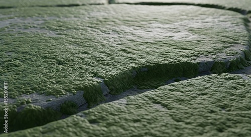 Close up shot of a moss covered stone formation with a visible crevice running through the structure photo