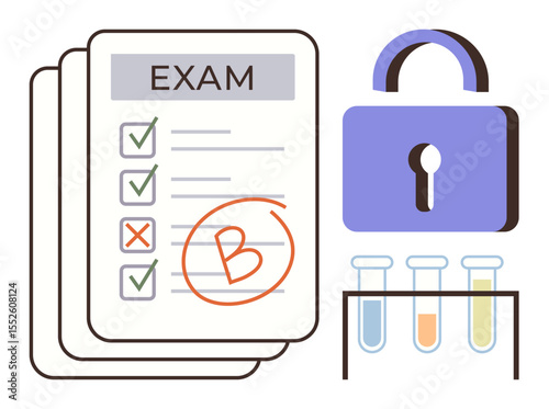 Exam papers with marked grades, a padlock symbolizing security, and test tubes representing a learning environment. Ideal for education, exam security, academic integrity, data protection, research
