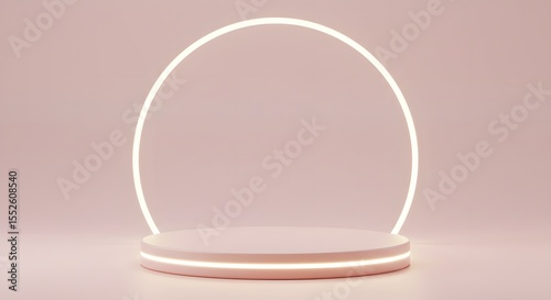 Pink podium with neon circle backdrop for product display or presentation.