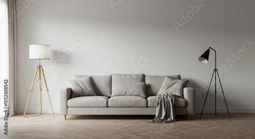 Minimalist and modern photo of a sofa in an empty room with an unusual but beautiful camera angle