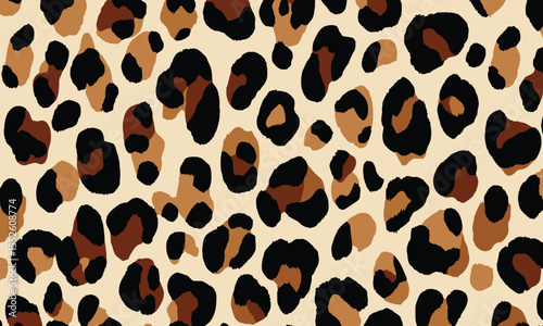 Leopard print pattern, seamless repeating pattern, vector illustration, flat design, minimalist design, simple shapes, earth tones and black color palette.