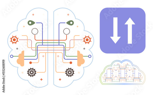 Brain diagram with connected circuits, gears, eyes, and data symbols, representing AI, neural networks, and information processing. Ideal for science, tech AI data analysis innovation neural