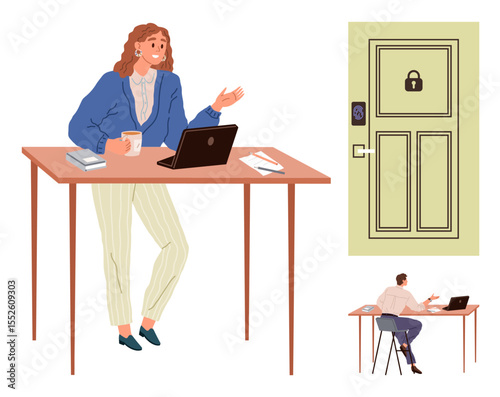 Woman engaging with laptop holding coffee, locked door with keypad, man at desk concentrating. Ideal for remote work, security, technology, collaboration, privacy, productivity simple flat metaphor