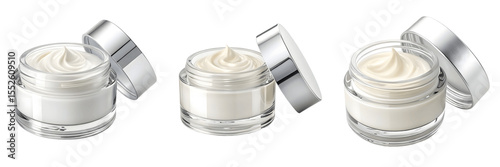Set For Three jars of white cream with silver lids isolated on transparent background