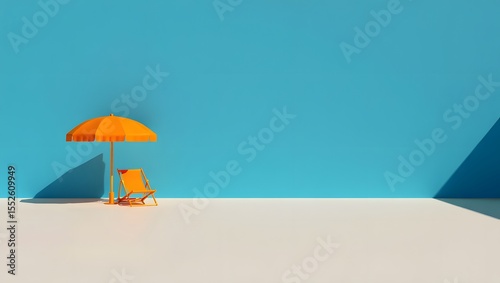 Minimalist beach scene: umbrella and chair stock photo