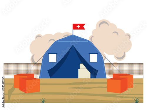 Medical tents for war victims. War illustration. Flat vector illustration.