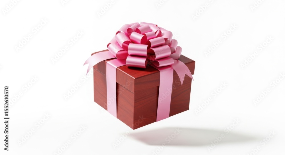 Obraz premium A Festive Red Gift Box Adorned with a Pink Ribbon and Bow Floating Against a Clean White Background