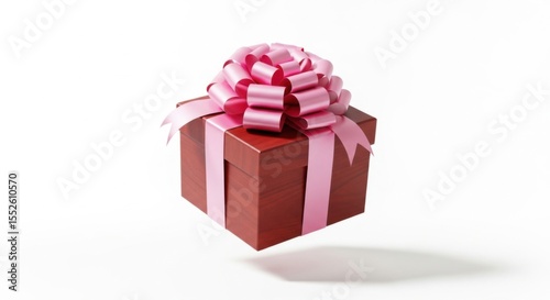 A Festive Red Gift Box Adorned with a Pink Ribbon and Bow Floating Against a Clean White Background