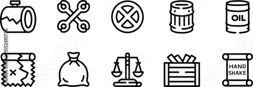 Set of Industrial Icons Including Oil, Barrels, Oil Drums, and Packaging Symbols