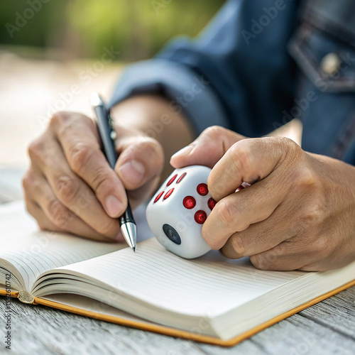 Hands squeezing a stress ball, fidget cube, or grounding stone over a journal.