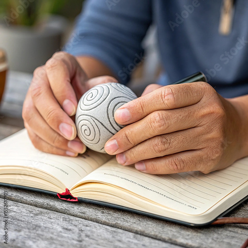Close-up shot of hands squeezing a stress ball, fidget cube, or grounding stone over a journal.