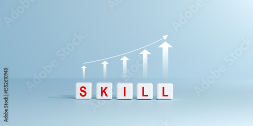 White cubes spelling SKILL with an upward trending line graph and arrows. Symbolizes skill development, learning, growth, continuous improvement in education, career, personal development concepts.
