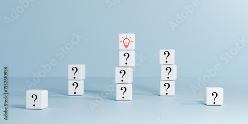 Minimalist white cubes with question marks surround one red light bulb cube in the center. Symbolizing problem-solving, ideas, challenges, creative solutions. Perfect for business strategy, innovation