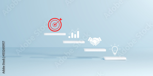 A series of white steps leading to a red target with icons representing growth, partnership, and innovation, symbolizing business strategy, goal achievement, and collaborative success in a 3D render.