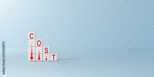 Minimalist white cubes spelling COST with downward red arrows. Symbolizes cost reduction, efficiency, financial savings, and optimized expenses. Budget management, financial planning, and operations.