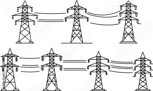 High voltage transmission towers and power lines illustration, black outline style, electricity pylons with cables, energy distribution concept, industrial electric infrastructure network drawing