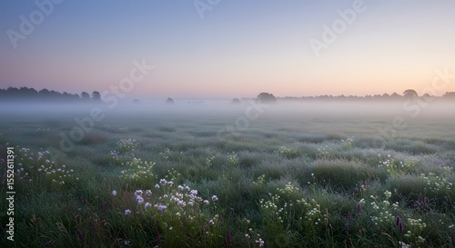 Foggy meadow with grass and flowers at dawn or dusk under a pastel sky.