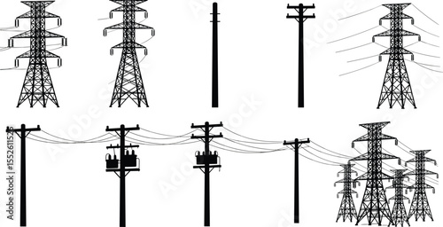 Silhouette of high voltage power lines, electricity pylons, transmission towers, and utility poles with transformers and cables, isolated on white background for energy concept design