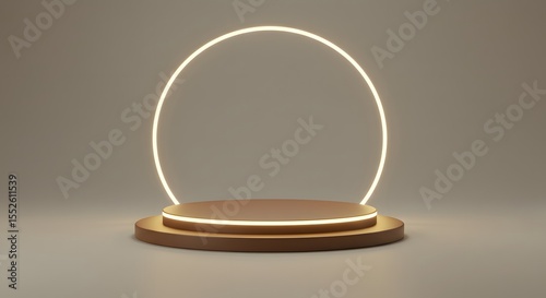 Illuminated circular frame above a round pedestal on a neutral background.