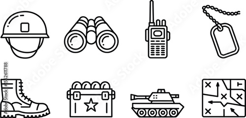 Set of Military and Tactical Icons Including Helmets, Tanks, Boots, and Communication Tools