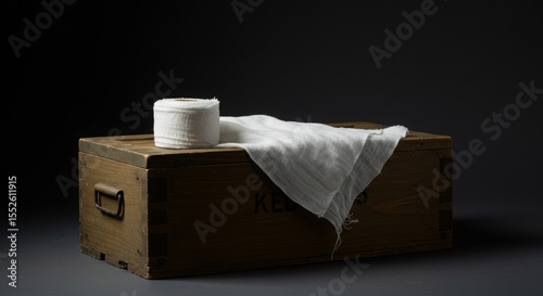 white bandages on a coffin, styled with clean and modern visuals, no text, soft lighting, unusual camera angles, for historical content or wartime advertising