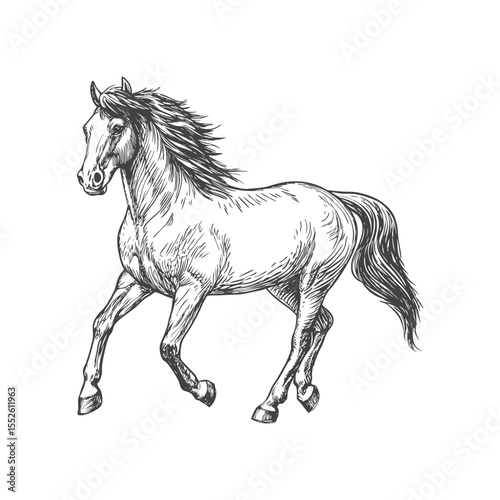 A sketch art of a horse running, showing the initial outline.	