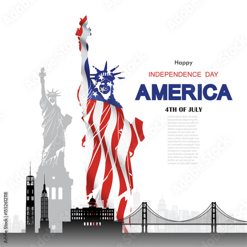 Anniversary and celebration Happy independence day of American in national flag background with Travel landmarks architecture of America in manhattan and San Francisco, in paper art, paper cut style.