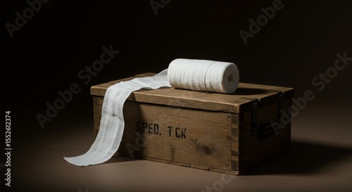 white bandages on a coffin, styled with clean and modern visuals, no text, soft lighting, unusual camera angles, for historical content or wartime advertising