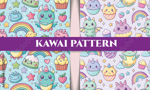 Adorable Kawaii Dragon and Unicorn Seamless Patterns Cute Pastel Illustrations