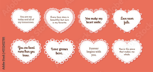 Set of Decorative white heart doily border greeting card words text, Vintage round lace paper doily frame, Paper Cutout Design, paper cutting, laser cut heart frames. template for baby shower, wedding