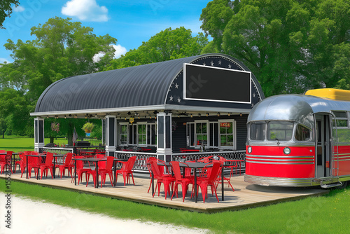 Outdoor Diner with Vintage Bus and Patio Seating Area. Mock up promotion information for marketing announcements and details, blank white space