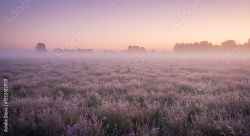 Foggy field with trees in the distance under a pastel colored sky.