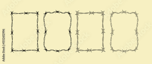 Barbed Wire Border. Square and Wavy Frame in Grunge Design. Vector Illustration.