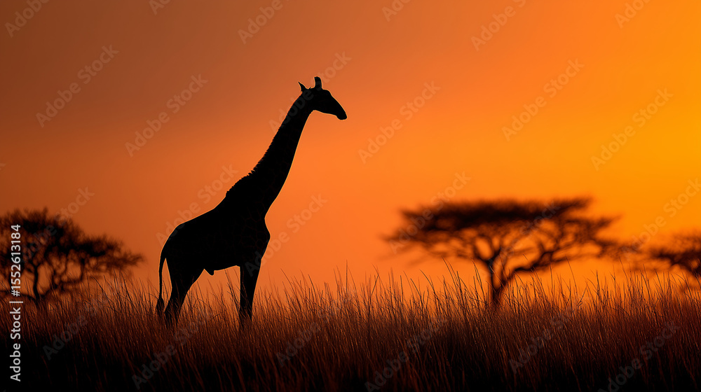Fototapeta premium Silhouette of a giraffe standing gracefully in the African grasslands during sunset, evoking serenity and wildlife beauty.