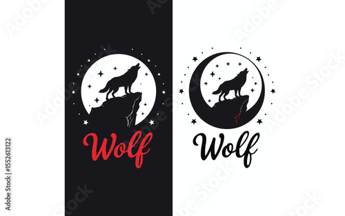 Wild Wolf Vector Art Howling at the Moon on Rocky Cliff