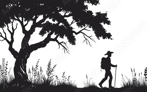 Lone man silhouette hiking across countryside with scenic wild outdoor background