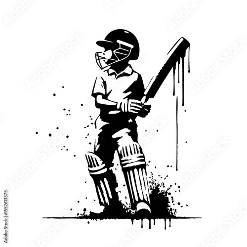 Cricket Kids player Silhouette Grunge Splatter and Dripping Spray Effects photo
