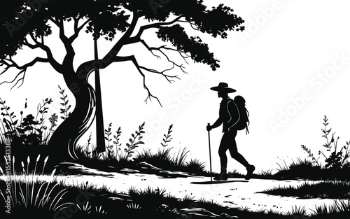 Silhouette of hiker walking through natural wild landscape with scenic background view